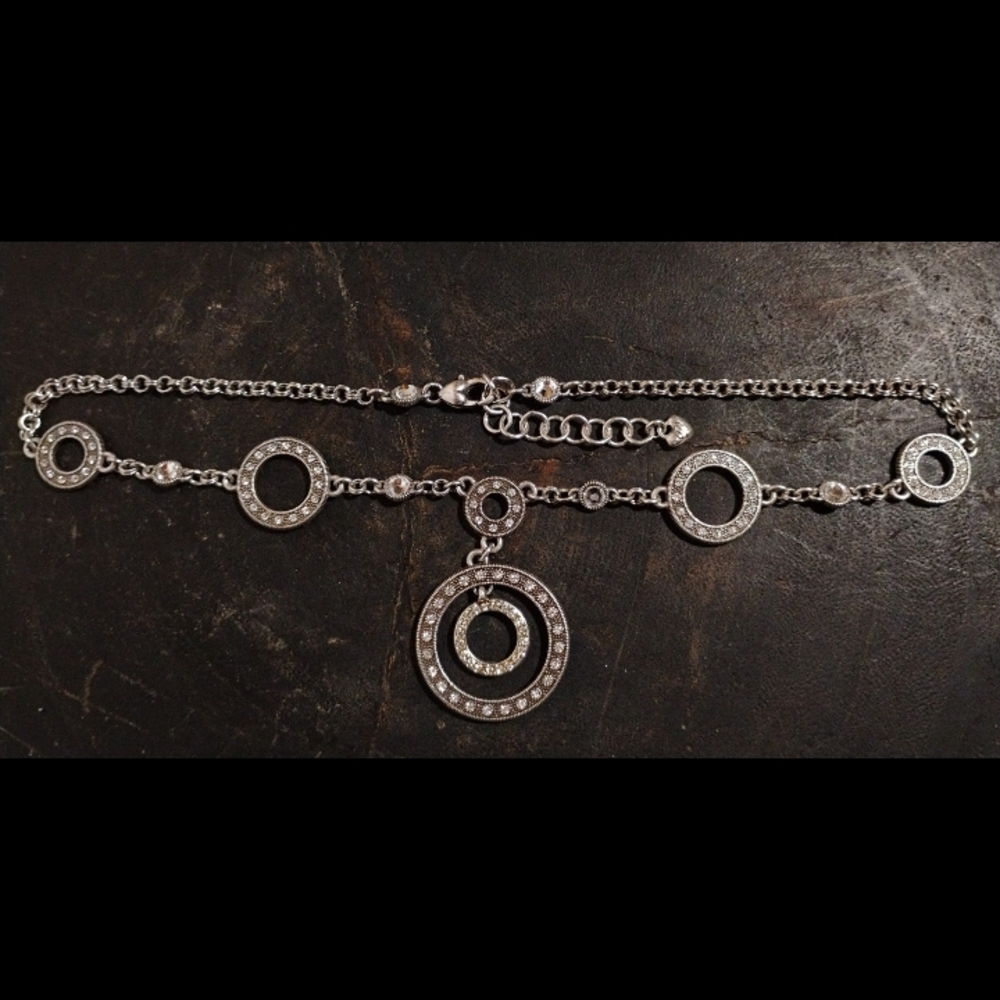 Brighton TOWNSEND Silver Marcasite Mega Crystal Open Circles Necklace. - Picture 2 of 3